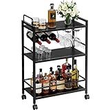 Home Bar Serving Cart, Serving Cart with Wheels and Handle, 3 Tier Rolling Kitchen Cart, Microwave Cart, Beverage Cart with Wine Holder and Glass Holders, for Dinning Room, Living Room, Black