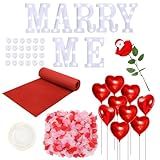 Marry Me Light Up Letters Proposal Decorations Marry Me Sign 24 LED Candles 2000 Rose Petals 10 Foil Balloon 10ft Carpet Runner Rose Ring Box for Valentine's Day Wedding Proposal Engagement (White)