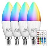 HEKEE E12 LED Candelabra Light Bulbs, Color Changing Candle, B11 40W Incandescent Equivalent, 450 Lumen, RGB + 2700K Warm White, 5Watt, 12 Colors, 2 Modes, Timer, Remote Control(4 Pack)