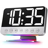 Odokee Digital Alarm Clocks for Bedrooms: Large Bold Number 5 Brightness Dimmer - Easy to Read Across The Room - 5 Alarm Sound 8 Night Light - Silver
