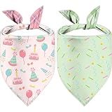 Birthday Dog Bandanas, Double Side All 4 Patterns Reversible Large Pet Bandanas 2 Pack, Celebration Set, Plaid Adjustable Triangle Holiday Pink Green Scarves for Dogs Girl Boy Pets