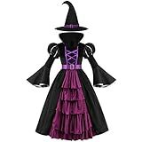 yolsun Purple Witch Costume for Girls Bubble Sleeve Halloween Witch Dress for Kids (10-12 Years, Purple)