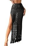 Women's Crochet Swimsuit Cover Up High Slit Boho Sheer Maxi Long Beach Wrap Skirt Cover Up Black