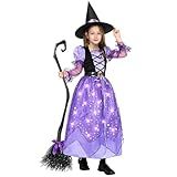Spooktacular Creations Girls Witch Costume, Light up Witch Costume Kids, Starry Dress with Broom Belt Hat for Child Halloween Role Play Parties, S