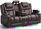 Power Loveseat Recliner Sofa, Home Theater Seating with Flip Back Console, Wall Hugger Reclining Loveseat with LED Light, USB Ports, RV Couch Movie Gaming Chair for Living Room, Gaming Room (Brown)