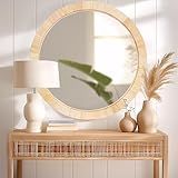 Rattan Mirror,Round Boho Bathroom Mirror for Wall,24" Circle Wicker Vanity Mirror for Nursery Décor,Coastal Farmhouse Wood Mirror for Bedroom Entryway Living Room