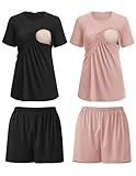 Ekouaer Nursing Pajamas for Women 2 Pack Maternity Sleepwear Double Layer Postpartum Pajamas Short Sleeve Breastfeeding loungewear L Black/Dirty Pink