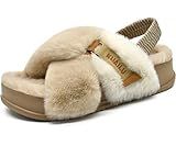 KuaiLu Womens Fuzzy Criss Cross Band Platform Slippers Back Strap Arch Support Furry Faux Fur Ladies Open Toe Slingback Slide Cozy Soft Plush Fleece Comfy House Shoes Sandals Indoor Outdoor Beige 9