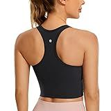 CRZ YOGA Butterluxe Womens Y-Back Racerback Longline Sports Bra - Padded Scoop Neck Workout Crop Tank Top with Built in Pads Black Medium