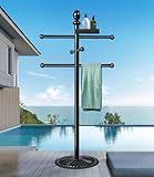 Pool Towel Rack Outdoor, 6 Bars with Top Tray Metal Heavy Duty Never Tilt Pool Accessories with Heavy Metal Base, Hot Tub Accessories Towel Dying Rack Towel Stand for Pool, Hot Tub etc