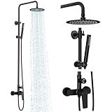 Rainsworth Outdoor Shower Kit Matte Black - Single Handle Brass Valve, 8 Inch Rain Shower Head and Handheld Spray Shower Fixture Combo, 304 Stainless Steel Wall Mount