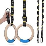 PACEARTH Wooden Gymnastics Rings Set with 8.5ft Numbered Daisy Chains and Quick Carabiners 32mm Thick Wood Gym Rings 1500lbs for Full-Body Workout at Home on Crossfit Calisthenics Strength Training