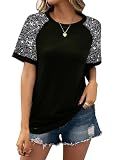 Women Sequined Splicing Short Sleeve T-Shirt Fashion Sparkle Sequin Party Tops Glitter Summer Beach Vacation Tee Shirt(Black,XXL)