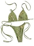 MakeMeChic Women's Sexy Sequin Bikini Sets String Halter Triangle Swimsuits Two Piece Summer Bathing Suit Olive Green Medium