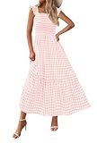 PRETTYGARDEN Women's Summer Dress Casual Square Neck Ruffle Strap Gingham Smocked Midi Flowy A Line Beach Vacation Sun Dresses 2026 (Pink, L)
