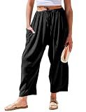 TARSE Womens Linen Wide Leg Pants Casual Loose Drawstring Low Waist Beach Palazzo Harem Pants with Pockets(Black,XXL)