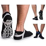Muezna Men's Non-Slip Yoga Socks, Anti-Skid Pilates, Barre, Bikram Fitness Socks with Grips, Black+grey/Black+navy+green, 9-11