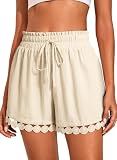 Dokotoo Casual Shorts for Women Elastic Waist Lounge Shorts Comfy Stretch Lace Trim Beige Short Summer Beach Loose Ruffle Short Large