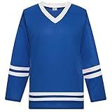 LTHYTY Blank Hockey Training Jersey Lightweight Fabric Long Sleeve for Ice Hockey Jersey Quick Dry Feature and V Neck Style(Large, Blue/White)