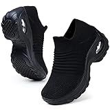 HKR Womens Walking Shoes Slip On Light Weight Mesh Platform Nursing Shoes Cushioned Sneakers All Black US Size 9(1839 EU 41)