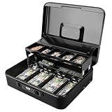 Jssmst Cash Box with Sliding Coin Lid and Snap Latch Combination Lock - Portable Cash Box with Money Tray and Lock, Secure Locking Money Box for Cash Organizer, 11.8L x 9.5W x 3.5H Inches, Black