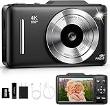 Digital Camera 4K for Kids-48MP Autofocus Vlogging Camera with 32GB Card, 16X Zoom, Anti-Shake, Compact Point and Shoot Camera for Teens Beginners, Birthday Gift Black