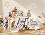 BIERUM 10 in 1 Toddler Slide, Baby Slide for Toddlers Age 1-3 with Ring Toss, Basketball Hoop and Bus Play House, Indoor Outdoor Playset Playground Beige Gray