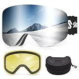 Snowalva Ski Goggles, Frameless Snowboard Goggles with 2 UV400 Magnet Ski Lenses for Men & Women (Silver(vlt 9%) + Yellow(vlt 83%))