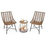 Tangkula 3 Pieces Outdoor Furniture Set with Pet House, Heavy Duty Metal Frame Patio Armless Chairs with Coffee Table, for Patio, Yard, Poolside, Garden (Light Brown)