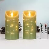 CFDECOR Flameless Flickering Candle with Remote and Timer, Battery Operated Candles with 3D Moving Flame, Real Wax Candles, LED Flickering Candle (D3 xH6) Feature 3D Moving Flame (Green)