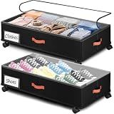 Tsinglax Under Bed Storage with Wheels 2-Pack, Under Bed Storage Containers 66L Clear Lids, Rolling Storage Drawers for Clothes Shoes Blankets, Underbed Organizer Bins(30" L x 16.2" W x 7.5" H)