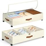 Yecaye Under Bed Storage with Wheels, 2 Pack Under Bed Storage Containers with Adjustable Dividers & Clear Lid, Rolling Underbed Organizer Bins Drawer for Clothes, Shoes, Blankets(30.3 x 16 x 6.7in)