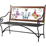 39.7" Outdoor Bench, Garden Bench, Patio Bench with Armrest, Slatted Seat and Butterfly Pattern Backrest for Outside, Front Porch, Park, Lawn, Backyard and Balcony, Cast Iron Metal Frame, Black