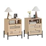 Vabches End Table Industrial Style Nightstand with USB Ports and Outlets, Bedside Table with 1 Open Shelf and 2 Hollowed Drawers for Bedroom, Living Room, Set of 2