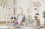 BIERUM 5 in 1 Toddler Slide and Swing Set, Baby Slide for Toddlers Age 1-3, Bus Themed Toddler Playset with Basketball Hoop, Indoor Outdoor Playground Beige Gray