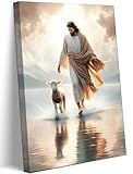Jesus Walks On Water Canvas Wall Art Christ Saves The Lost Lamb Painting Wall Decor Christian Poster Print Follow Me Artwork Picture Decoration For Living Room Bedroom Church Ready To Hang
