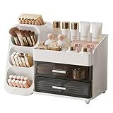 UFORU Makeup Organizer for Vanity with Brush Holder, Large Plastic Bathroom Countertop Skincare Organizer with 2 Drawers, Spacious Cosmetic Display Case for Perfumes, Eyeshadow Palettes, Nail Polishes
