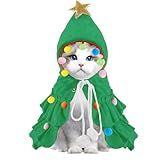 Vellibring Cat Christmas Outfit Green Pet Cloak with Hat with Star and Pompoms Puppy Cape Clothes Xmas Tree Elf Costumes Party Pet Supplies Accessories for Small Dogs Cats Pet Santa Presents