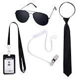 Pistha 4 Pieces Agent Costume Set Secret Security Service Costume Accessories Fake Earpiece Black Sunglasses Adjustable Zipper Ties and ID Card for Men Boys Halloween Playing Cosplay Party