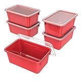 Storex Small Cubby Bins – Plastic Storage Containers for Classroom with Non-Snap Lid, 12.2 x 7.8 x 5.1 inches, Red, (62407U05C) (Pack of 5)