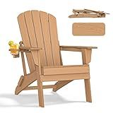 nevilywood Folding Adirondack Chair - Extended Ergonomic Backrest, Cup Holder - Easy Assembly - Durable HDPE Plastic, Weather Resistant & Maintenance-Free - Lawn, Patio, Deck Supports 400lbs Teak