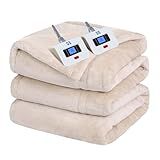 Sealy Electric Blanket King Size, Flannel Heated Blanket with10 Heating Levels & Auto Shut Off, Machine Washable, Beige, 100 x 90 Inch