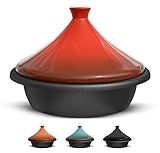 KooK Moroccan Tagine, Enameled Cast Iron Cooking Pot, Tajine with Ceramic Cone-Shaped Closed Lid, 3.3 QT, (Crimson)