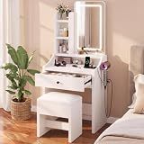 DUMOS Small Makeup Vanity Desk, Mirror and LED Lights, Storage Chair Set
