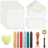 Affrolling 33 Pcs Vintage Letter Writing Set with Wax Seal Kit Including 12 Stationery Papers 12 Envelopes 6 Wax Sticks 1 Candle 1 Spoon 1 Stamp for DIY Romantic Gift Couples Journaling Letters
