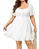 Talisea Plus Size Women's White Graduation Dress Smocked Short Summer Sundress Short Sleeve Sweetheart Chiffon Dresses