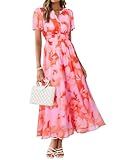 Simplee Women Floral Summer Maxi Dress Boho Flowy Casual Chiffon Short Sleeves V Neck Long Wedding Guest Dresses Pink Orange Floral M