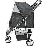 TRIXIE Foldable Pet Stroller for Cats and Dogs, Pet Carrier Strolling Cart with Weather Cover, Storage Basket, Cup Holder, Black