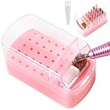 2 in 1 Nail Drill Bits Holder & Cleaning Brush Case, 30 Holes Dustproof Nail Art Drill Bits Stand Display Storage Box and Cleaner Manicure Tools (Pink)