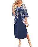 Honwenle Women's Summer Maxi Dress 2 Piece Floral Outfit Sleeveless Loose Split Dresses with Jacket Casual Formal Navy